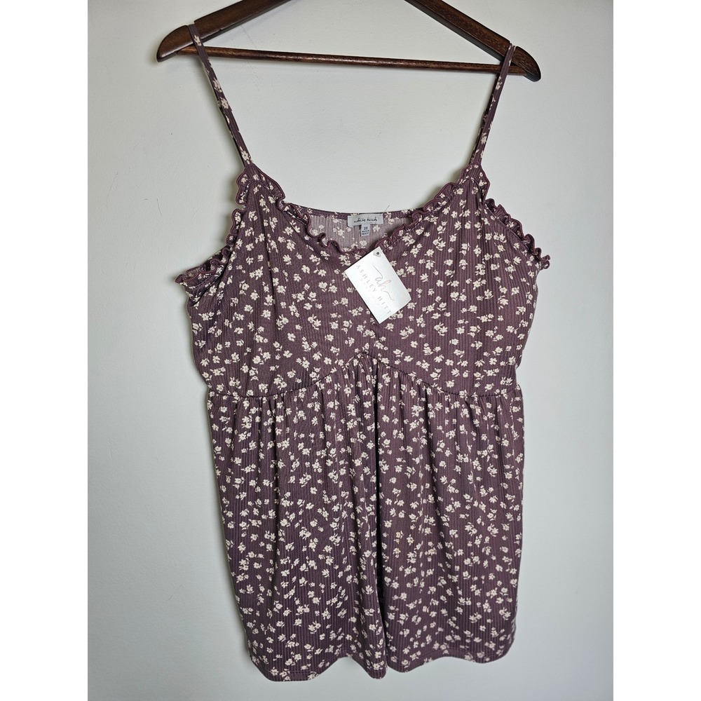 Cottagecore White Birch Floral Babydoll Camisole Women 3X Plum Ribbed Ruffle